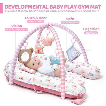 Pink Baby Play Mat, 7-in-1 Tummy Time Activity Gym Mat for Sensory and Motor Development, Washable Baby Lounger, Portable Newborn Nest for Home & Travel, Babies Gift for Infant 0-3-6-9-12-18 Months