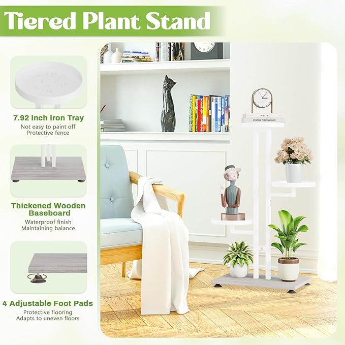 iDavosic.ly 4 Tier Plant Stand Indoor Outdoor, Tiered Corner Multiple Flower Pot Holder Shelf, Metal 28 Inch Tall Display Rack for Patio Porch Living Room Garden Balcony Bedroom, White