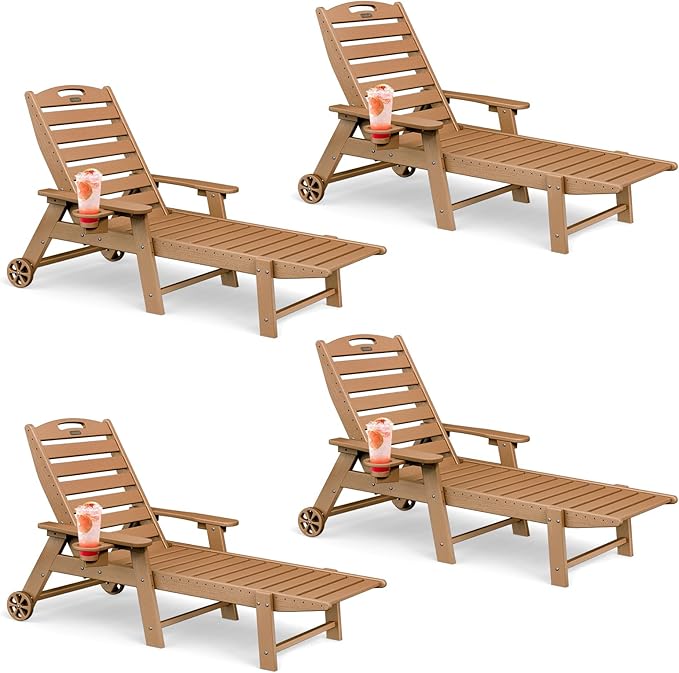 Lounge Chair Outdoor Set of 4 with Wheels, Adjustable 6-Position Chaise Lounge Outdoor, Patio Lounge Chair for Poolside Backyard, Teak