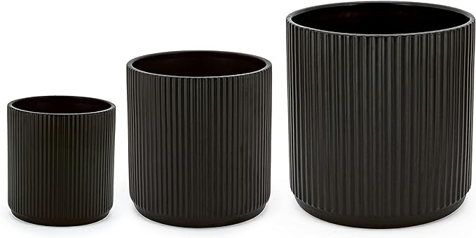 Amazon Basics Assorted Sizes Fluted Ceramic Round Planters, Set of 3, 6 inch, 8 inch, 10 inch, Black