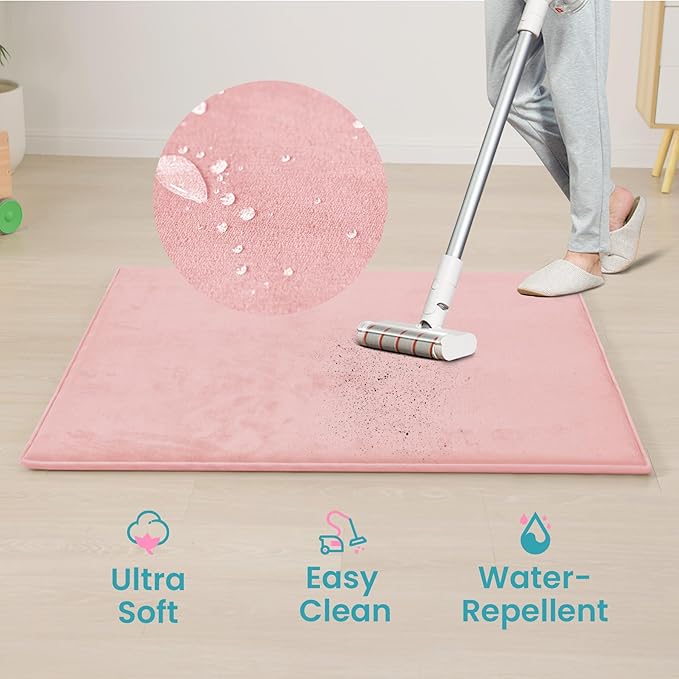 Baby Play Mat for Floor,1.3" Thick Elasti-Foam 50"×74" Playpen Mat for Tummy Time,Water Repellent Soft Coral Velvet for Toddler,Infant,Kids,Non-Slip Backing Safe for Crawling(Pink)