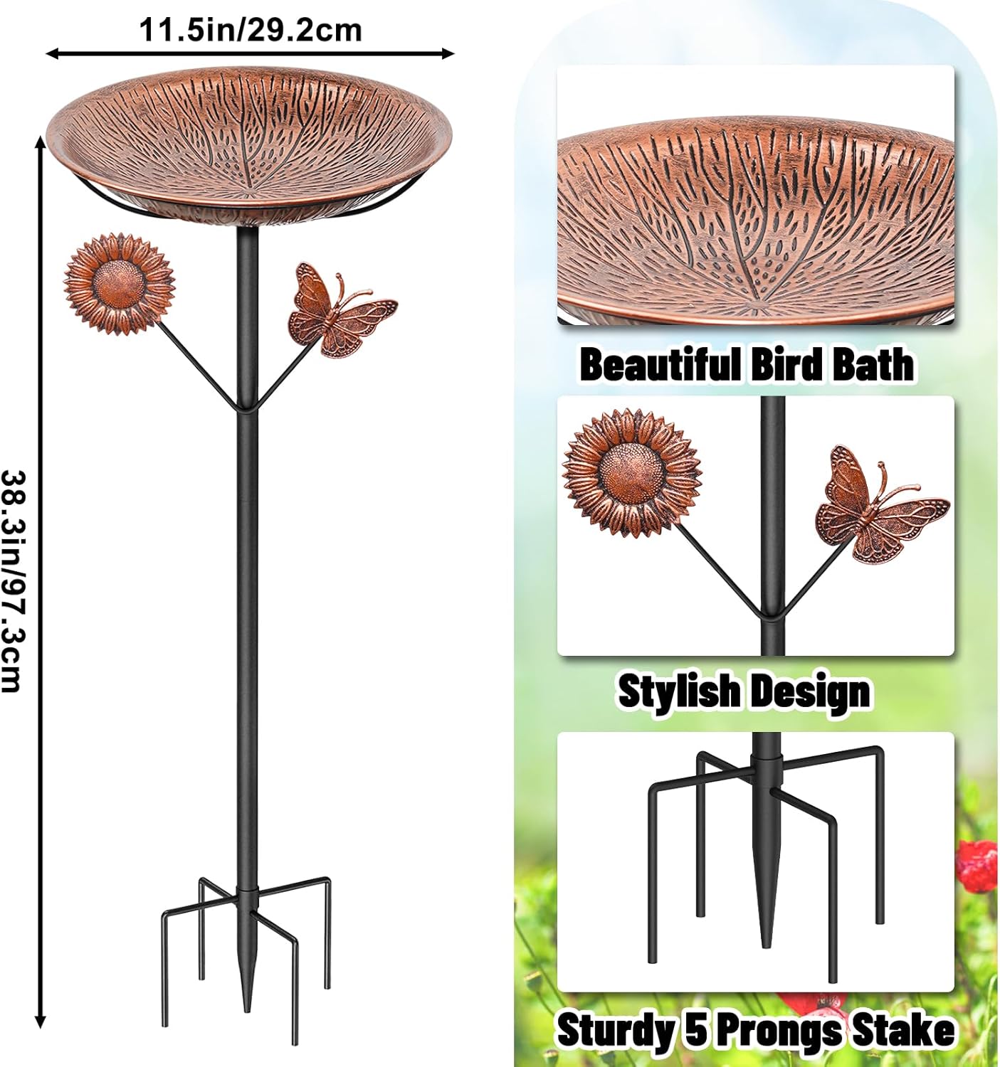 Metal Bird Bath for Outside, Vintage Birdbaths Removable Feeder Bowl with Butterfly Flower, Easy to Clean Birdfeeder for Outdoors Garden Yard Lawn Decor