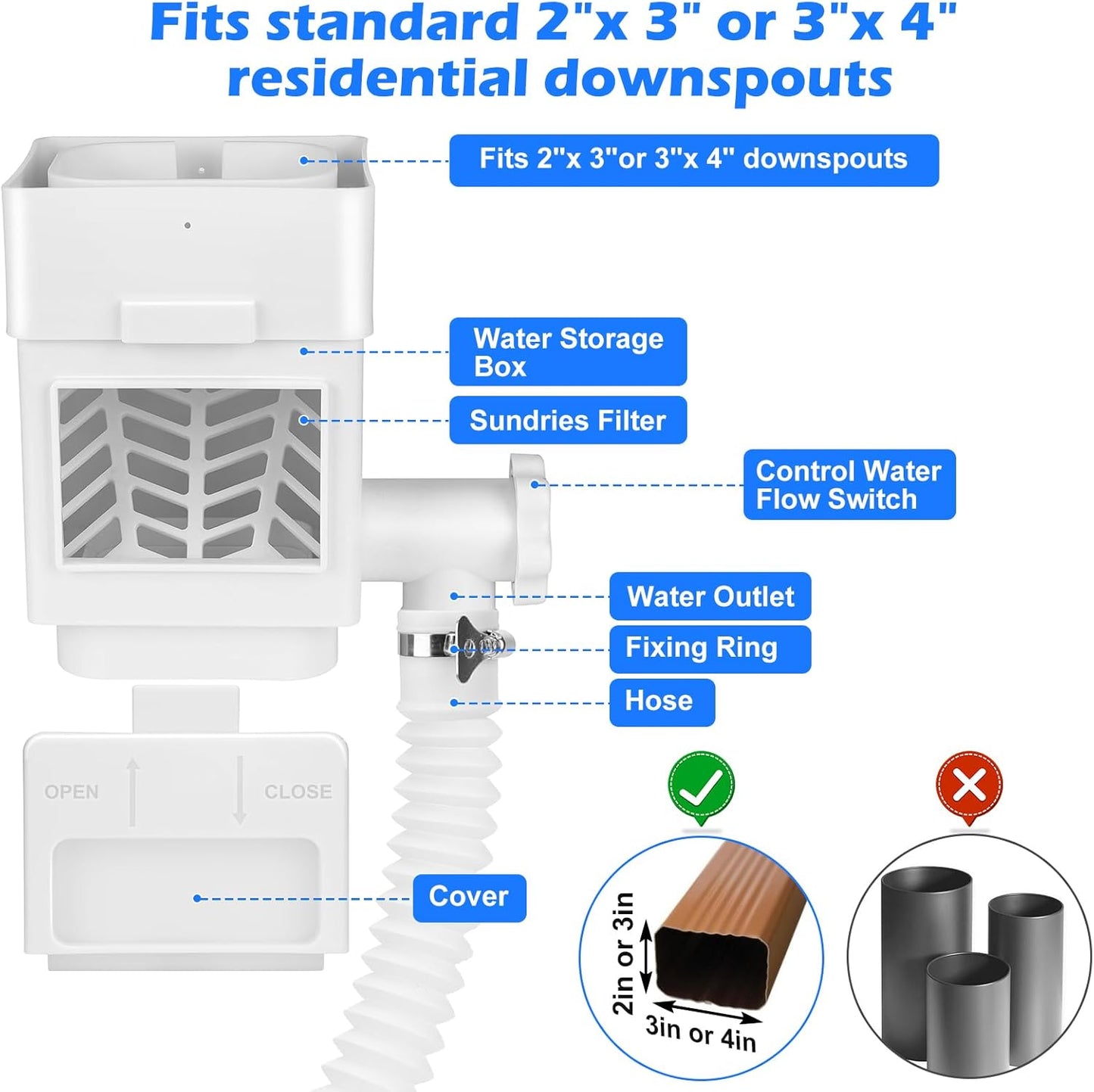 WADEO Rainwater Collection System, Downspout Diverter Fits for 2"x 3" or 3"x 4" Residential Downspouts, Rain Barrel Diverter Kit with Adjustable Valve and Filter, 5FT Hose, White