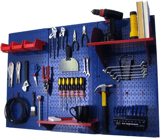 Wall Control Pegboard Organizer 4 ft. Metal Pegboard Standard Tool Storage Kit with Blue Toolboard and Red Accessories