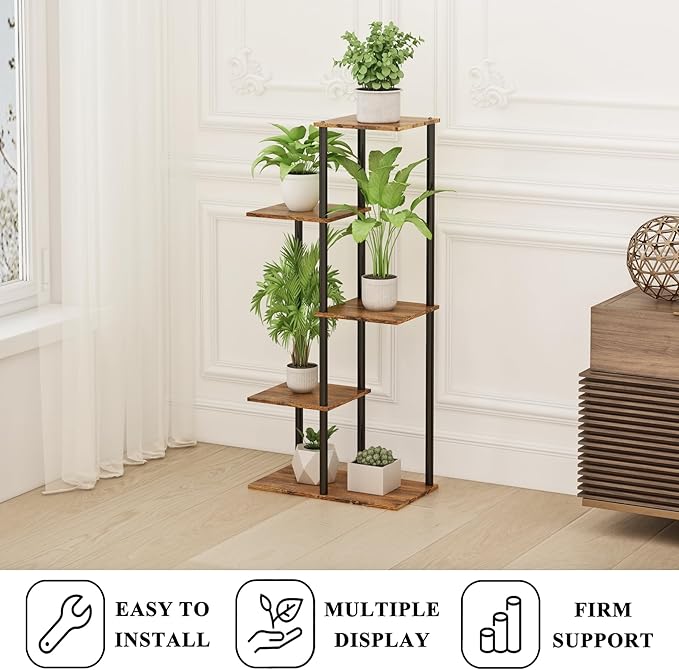 Plant Stand Indoor 5 Tier 6 Potted Metal Wood Plant Shelf, Multiple Flower Pots Corner Tall Plant Holder Stands for Living Room Balcony Bedroom, Rustic Brown