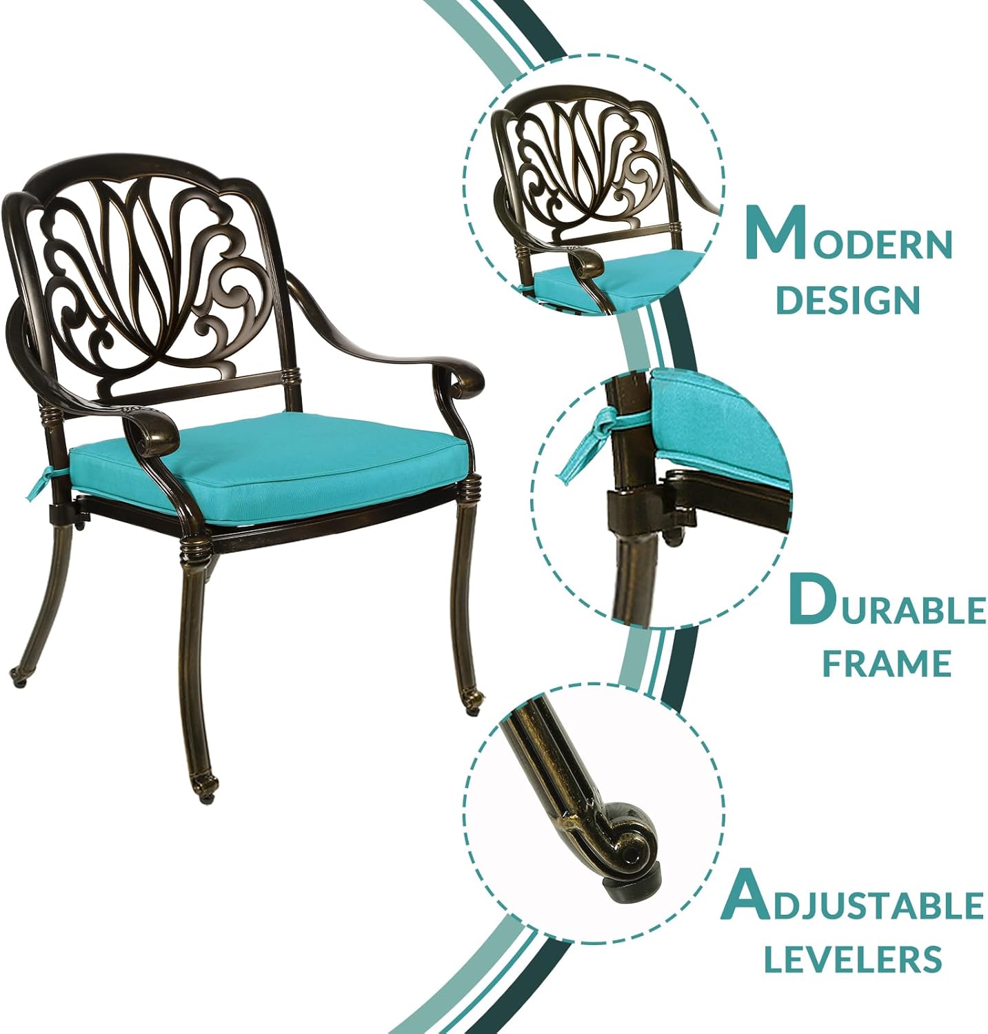 MEETWARM 3 Piece Patio Bistro Set, Outdoor All-Weather Cast Aluminum Dining Furniture Set Includes 2 Cushioned Chairs and a 31” Round Table with Umbrella Hole for Garden Deck, Ocean Blue