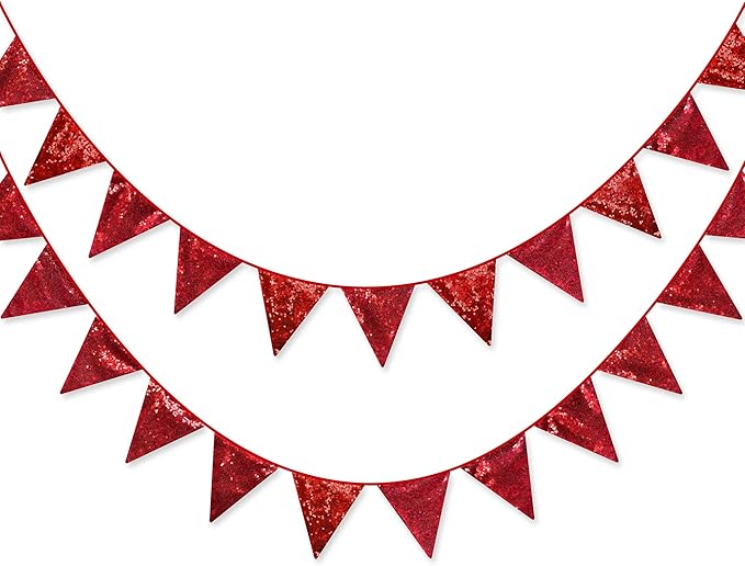 Red Party Decorations Double Sided Sequin Red Triangle Pennant Banner Flag Bunting Garland for Birthday Graduations Anniversary Wedding Engagement Bachelorette Valentines Bridal Shower Hen Party Decor