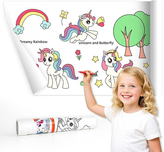 YPLUS Children Drawing Roll, Coloring Paper Roll for Kids, 120 x 11.8 Inch Sticky DIY Painting Drawing Paper Rolls for Toddler, Kids' Gift, Party Activities, Wall Coloring Paper Stickers - Unicorn