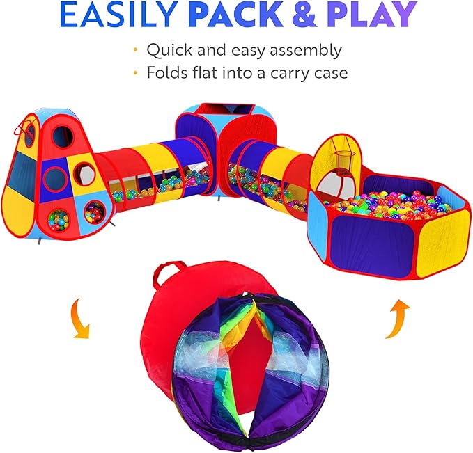 Playz 5pc Kids' Play Tents & Tunnels - Ball Pit for Toddlers, Basketball Hoop, Crawling Tubes, Pop-Up Playhouses, Baby Obstacle Course for Indoor or Outdoor Use