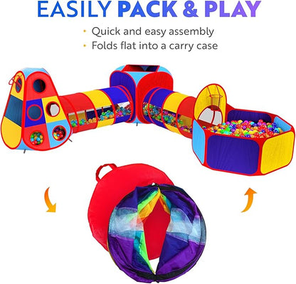 Playz 5pc Kids' Play Tents & Tunnels - Ball Pit for Toddlers, Basketball Hoop, Crawling Tubes, Pop-Up Playhouses, Baby Obstacle Course for Indoor or Outdoor Use