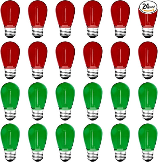 S14 Colored LED String Light Bulbs, 24-Pack 1W Plastic Shatterproof Waterproof Outdoor Indoor Replacement Bulbs for Home Decor, E26 Medium Screw Base, Red and Green Christmas Bulbs