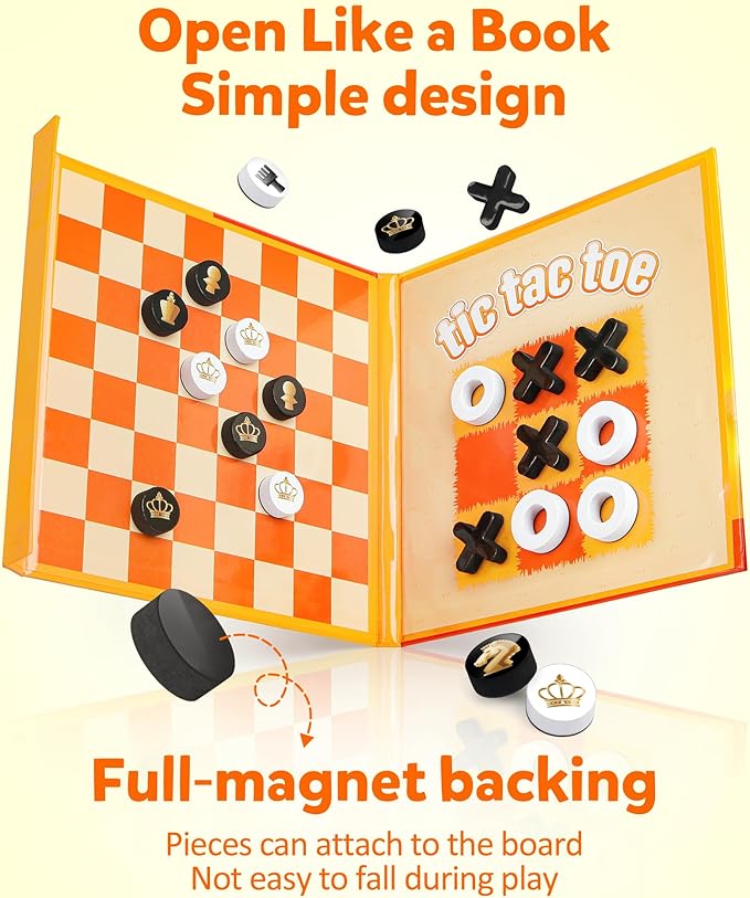 Coogam Magnetic Travel Chess Board Game, 3 in 1 Tic-Tac-Toe Checkers Set, Indoor Outdoor Activity Travel Toy Gift for Family Friends Party Favor