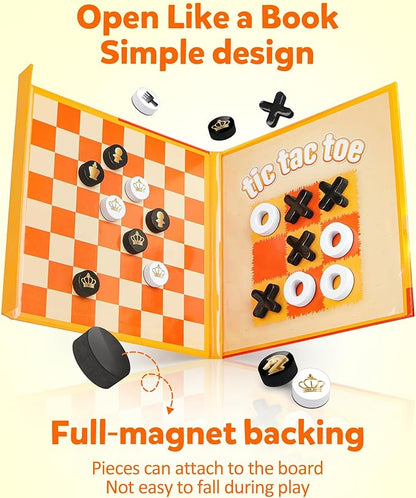 Coogam Magnetic Travel Chess Board Game, 3 in 1 Tic-Tac-Toe Checkers Set, Indoor Outdoor Activity Travel Toy Gift for Family Friends Party Favor