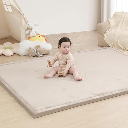 Baby Play Mat for Floor,1.3" Thick Memory Foam Tummy Time Mat for Toddlers,Infants,Kids,Water-Repellent Soft Nursery Rug,Extra Large Non Slip for Crawling&Yoga,Tatami Style for Living Room(Beige)