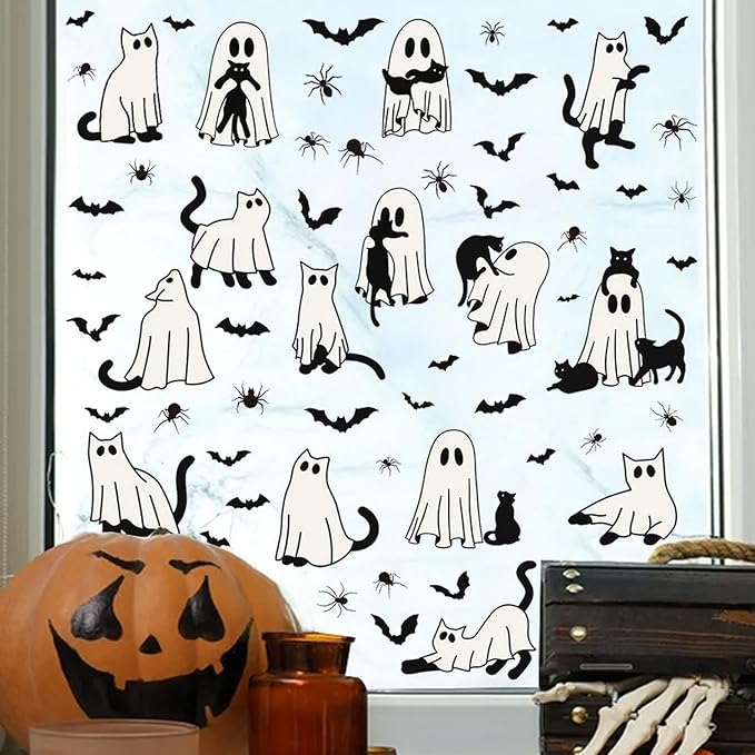 6 Sheets Halloween Window Clings Ghost Window Stickers Halloween Cute Black Cat Bat Designs Double-Side Glass Decals for Home Office Party Favor Windows Glass Decoration Supplies