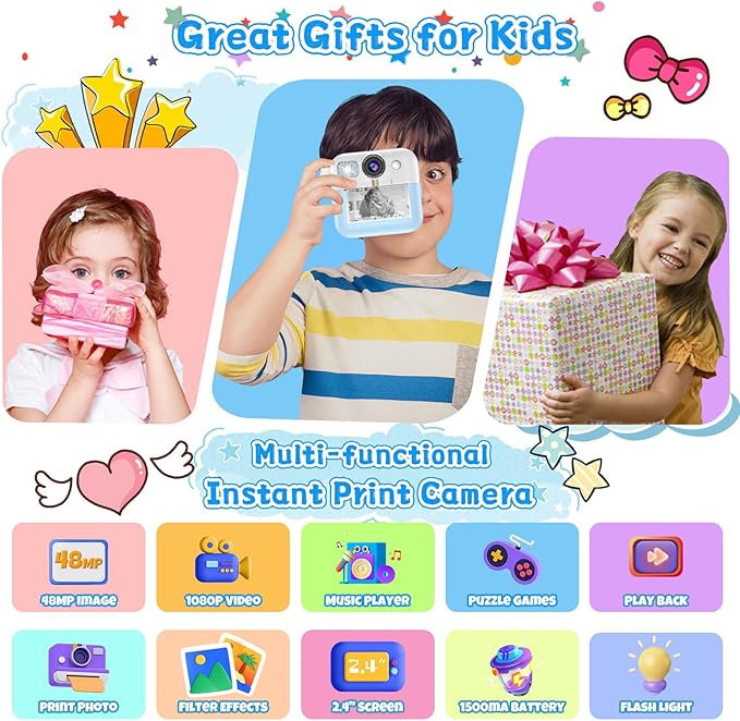 Kids Camera for Boys, 1080P Instant Print, Kids Christmas Birthday Gifts, Blue