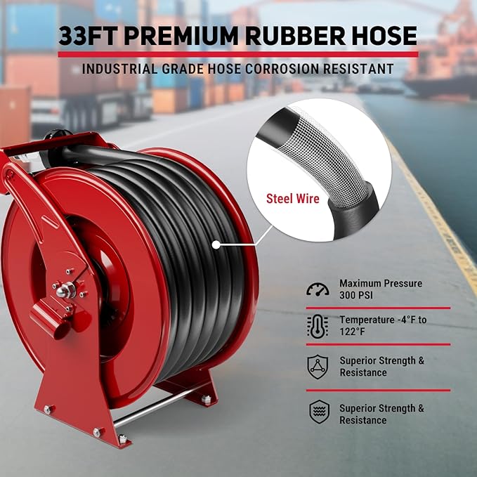 Retractable Diesel Fuel Hose Reel - 1 inch x 33ft Spring Driven Auto Swivel Rewind Hose Holder Reel with Fueling Nozzle, 300 PSI Industrial Steel for Aircraft Ship Vehicle Tank Truck, Red