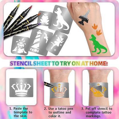 Temporary Tattoo Markers for Skin, 12 Metallic Body Markers + 183 Temporary Tattoo Stencils for Kids Adults, Flexible Brush Tip, Bright Colors, Cosmetic Tattoos Pens for Kids Adults, DIY Body Art Set