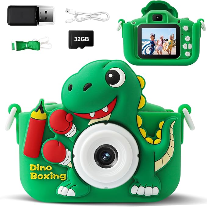 Kids Camera, Dinosaur Kids Camera for Kids Boys, Toddler Camera Digital Camera for Kids Age 3-12, Christmas Birthday Gifts Toys for 3 4 5 6 7 8 9 10 Years Old Boys, 1080P HD Selfie Video Camera
