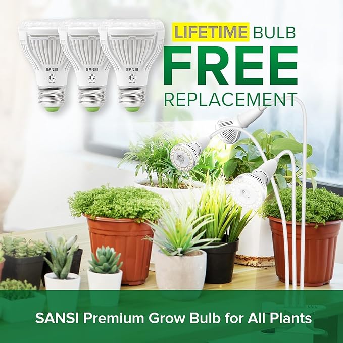 SANSI LED Grow Lights for Indoor Plants, 450W Full Spectrum Clip-on Gooseneck with Ceramic Tech. 30W Power Plant Light with Optical Lens for High PPFD, Lifetime Free Bulbs Replacement White