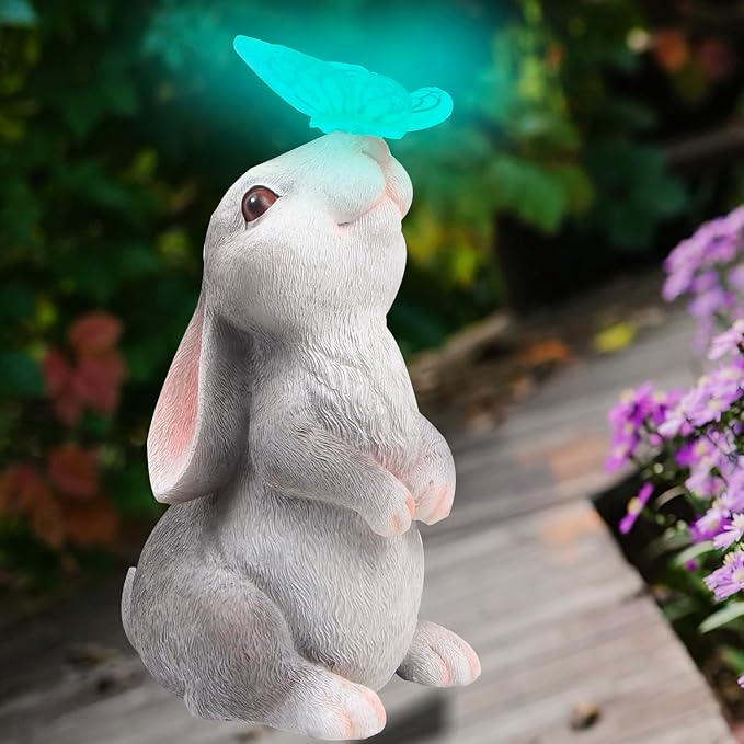 Solar Outdoor Garden Statues Decor-Rabbit Statue with Solar Butterfly Light 7 Colors Change for Patio Lawn Ornament Thanksgiving for Mom Grandma Kids, Bunny with Color Change