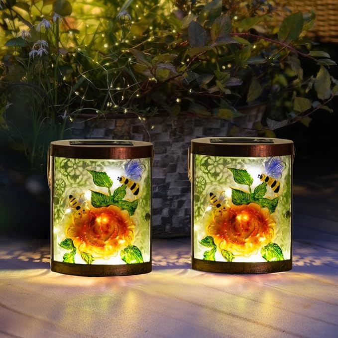 Starsoul 2 Pack Hanging Solar Lantern Outdoor Waterproof Glass Bee and Flowers Decorative Solar Lights for Outside Garden Yard Table Patio Decor