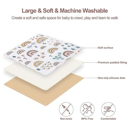 Boho Rainbow 50x50 Play Mat for Playpen, Washable Portable Baby Floor Playmat, Non Slip Foldabe Infant Crawling Mats, Tummy Time Mat Pad for Toddlers Baby Play Pen Mats for Home Or Travel