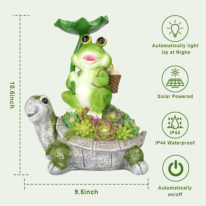 Solar Garden Statues Garden Decor Figurine Lights for Outside,Frog Gardens Statue,Fairy Garden Accessories,Valentine's Day Gift,Lawn Decor Tortoise Statue for Patio,Balcony,Yard Ornament
