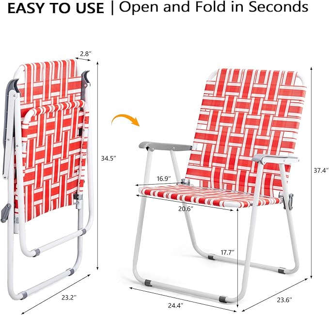 VINGLI Patio Lawn Webbed Folding Chairs Outdoor Beach Portable Camping Chair for Yard, Garden (2, Red, Oversized)