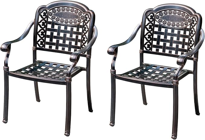Outdoor Dining Chair Cast Aluminum Patio Chairs Set of 2 All-Weather Patio Dining Chair with Adjustable Feet for Backyard Garden (Square Lattice Chair)