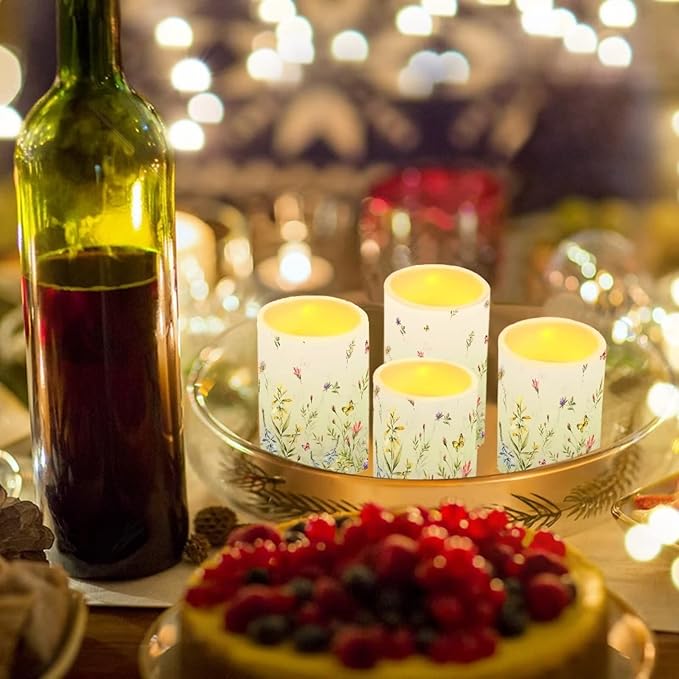 LED Flickering Candles Battery Operated Candles Set of 4 with Remote Control Timer Dancing Flame Pillar Candles Home Table Decoration, Floral Green