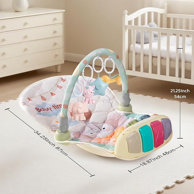 Baby Play Gym Mat with Multifunction Piano Music Box, Rocking Egg-Shaped Baby Activity Gym, Baby mat for floor with 4 Hanging Sensory Baby Toys, Early Sensory Development Play Mat for Infant & Newborn