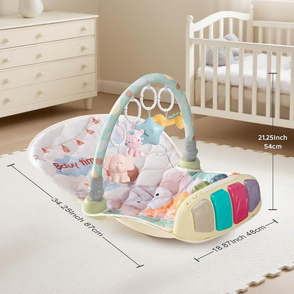Baby Play Gym Mat with Multifunction Piano Music Box, Rocking Egg-Shaped Baby Activity Gym, Baby mat for floor with 4 Hanging Sensory Baby Toys, Early Sensory Development Play Mat for Infant & Newborn