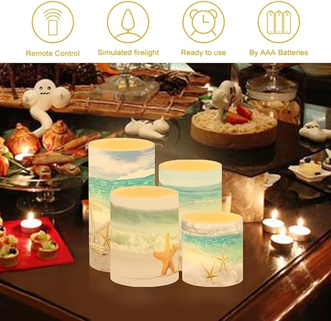 Flameless Candles Battery Powered with Multicolor Timer Remote Control Everlasting Fake Candles for Party Garden Indoor Outdoor Decor, Various Beach Starfish