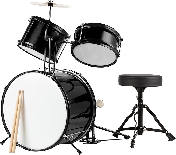 Kids Drum Set - 3-Piece Drum Kit with Cymbal, 2 Toms, Bass Drum and Pedal, Drumsticks, and Throne - Beginner Musical Instruments by Hey Play (Black)