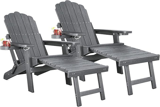 Folding Adirondack Chair Set of 2 with Adjustable Backrest, Adirondack Chair with Ottoman with 2 Cup Holders, for Outdoor Beach Garden Porch Lawn Pool Deck, Grey