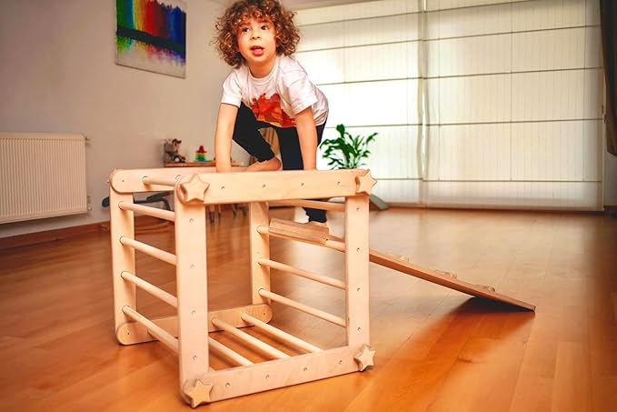 Montessori Climbing Cube and Triangle for Kids | Foldable Climbing Set | Indoor Activity Cube | Climbing Set with Cube and Triangle for Toddler | Foldable Wooden Jungle Gym (CUBE+ARCH+RAMP L)