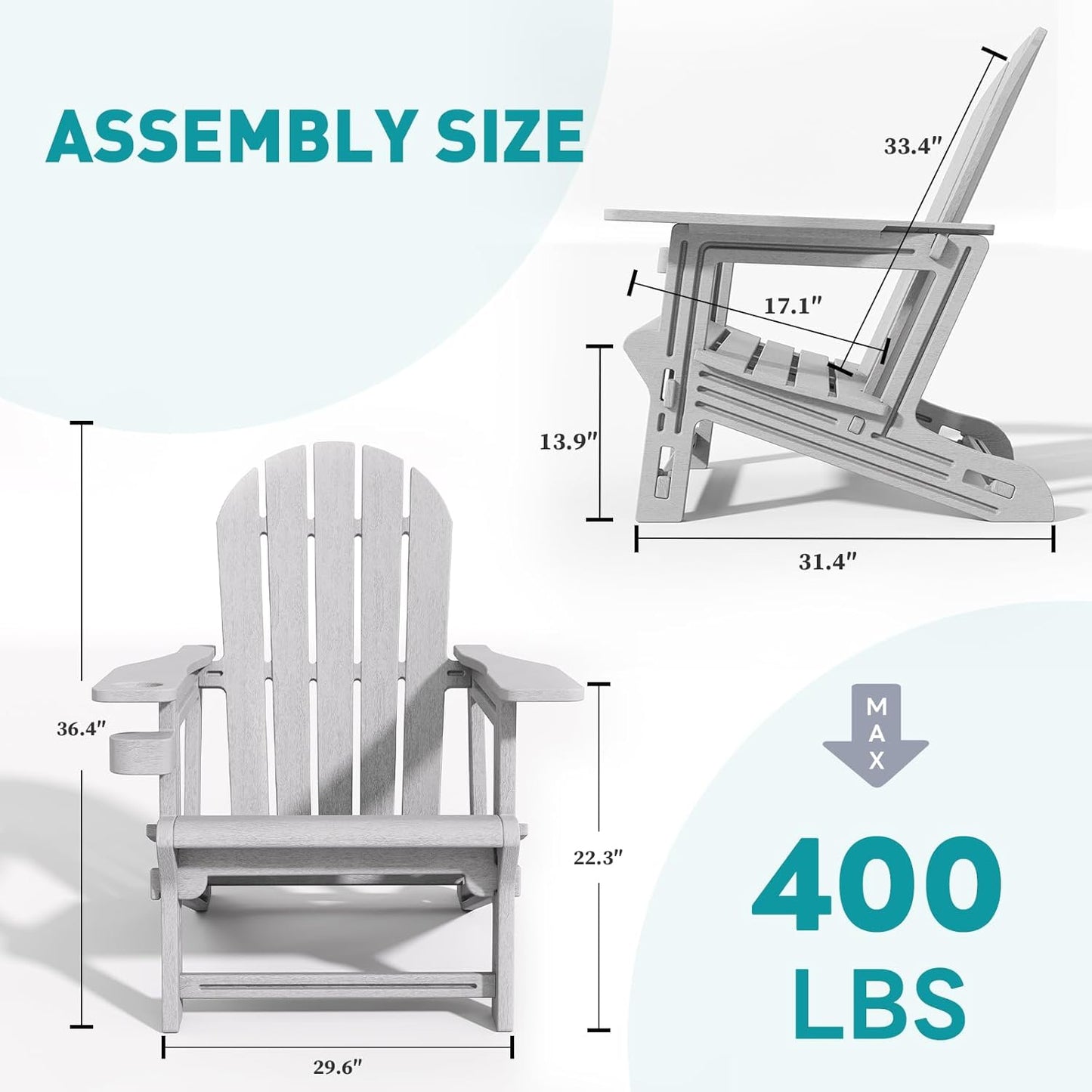 Adirondack Chairs Set of 2, Tool-Free Assembly All-Weather Plastic Adirondack Chairs, HDPE Fire Pit Chairs with Cup Holder, Outdoor Chair for Patio Garden (Grey)