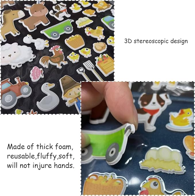 3D Farm Animals Puffy Sticker Book for Kids Window Thick Gel Clings Decals Stickers 100 Pcs Removable and Reusable Toys Gifts for Toddlers Home Car Classroom Nursery Farm Party Supplies Decorations