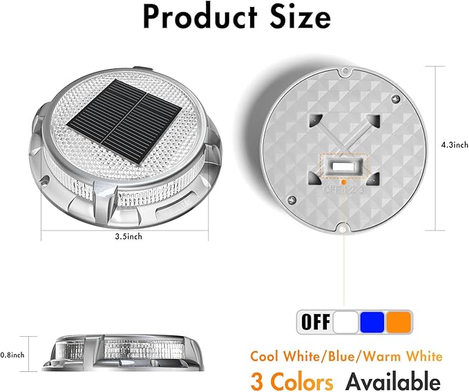 Quntis Solar Deck Lights for Outside, 3 Color Modes Deck Light Outdoor IP68 Waterproof, Solar Driveway Lights for Stair Pathway Walkway Road (Blue/Cool White/Warm White) 4 Pack