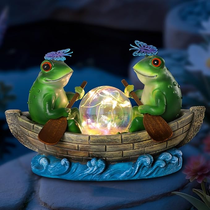 Solar Frog Boating Garden Statue with Ball Light 5.1" Resin Frogs Decor for Home Front Door Patio Porch Balcony Women Gardeners Moms Wives Girlfriends