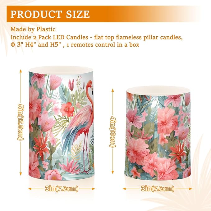 Flickering Flameless Candles, Pink Flamingo Print LED Candles with Remote Timer, Set of 2 Battery Operated Candle for Valentine Wedding Birthday