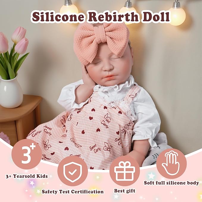 Girl 20 in, Full Silicone Baby Doll, Realistic Baby Dolls, Realistic Veins & Sleeping Pose, Not Vinyl, Reborn Baby Dolls Silicone Full Body, Gift Set