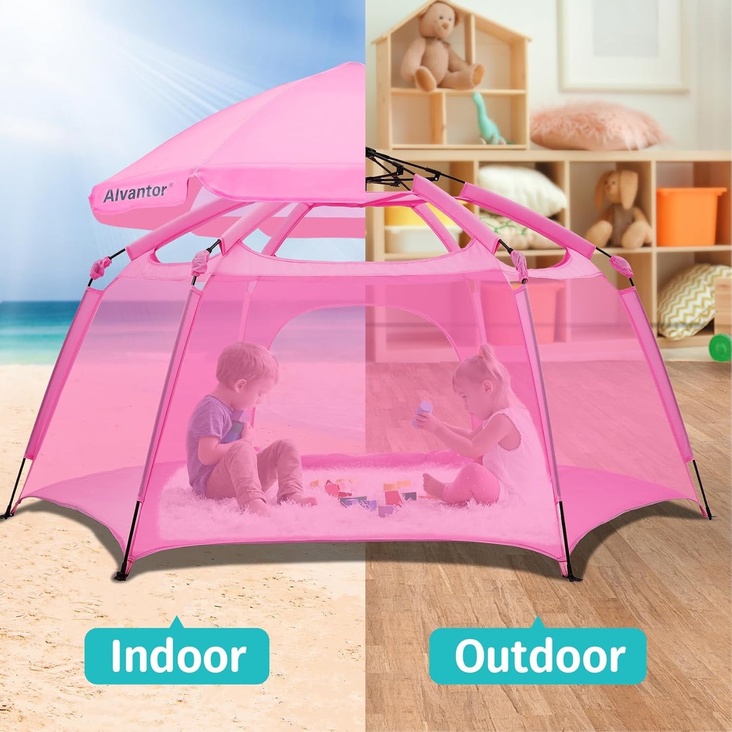 Alvantor Pop Up Playpen- 7'x7'x44”Baby Playpen Large Kids Play Tent Portable and Foldable Playpen Indoor/Outdoor Play Yard with Protective Mesh, UV SPF 50+ Sunshade, and Soft Foam Floor, Pink