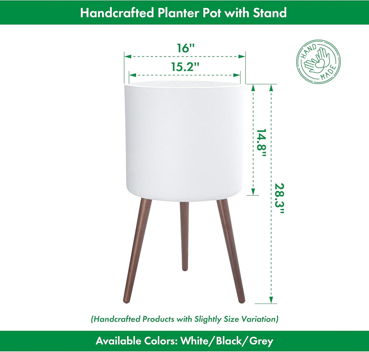 D'vine Dev 16 Inch Planter Pot with Stand, Mid-Century Tall Plant Pot with Legs for Indoor Plants, XX-Large, White, 88-O-E-1