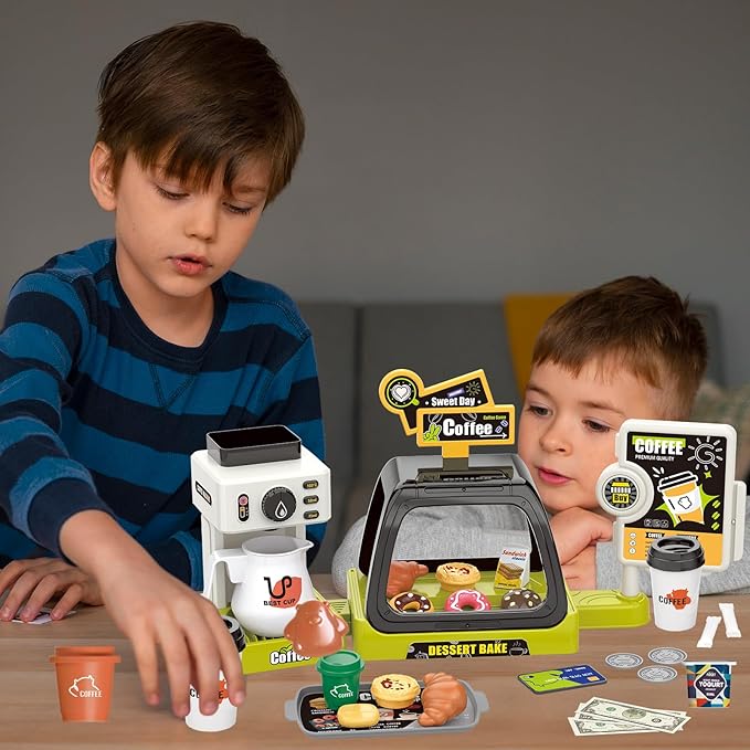 Kids Coffee Maker Play Set: Coffee, Cash Register, Play Food (Coffee, Donuts, Cookies, Egg Tarts, Croissants), Play Money - Educational Toy Kitchen Ages 3+