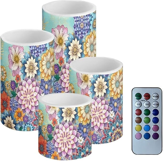 Flameless LED Candles Electric Candles with Remote Timer Control Long Lasting Pillar Candles Tealights Bohemian Style Home Outdoor Decoration Pack of 4, Boho Flower Purple Blue