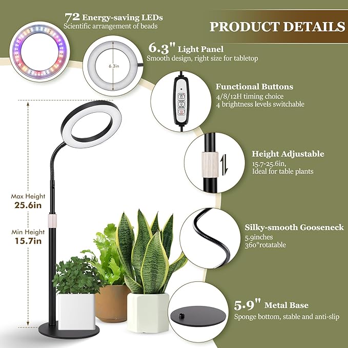 LBW Plant Grow Light, 72 LEDs Desk Halo Grow Light for Indoor Growing, Full Spectrum Grow Lamp with 4/8/12H Auto Timer, 4-Level Brightness, 16"-26" Height Adjustable, Ideal for Indoor Growth, Black