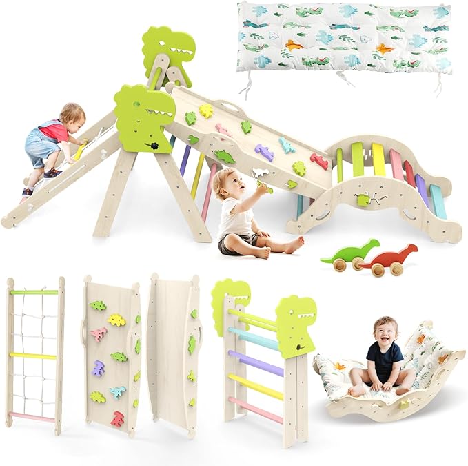 Pikler Triangle Set with Cushion, 12 in 1 Toddler Montessori Toys Indoor Baby Climbing Gym Pikler Triangle Climbing Set Wooden Toy Climbing Rope Ladder, Shape Sorter, Push Car 【Dinosaur Toys】