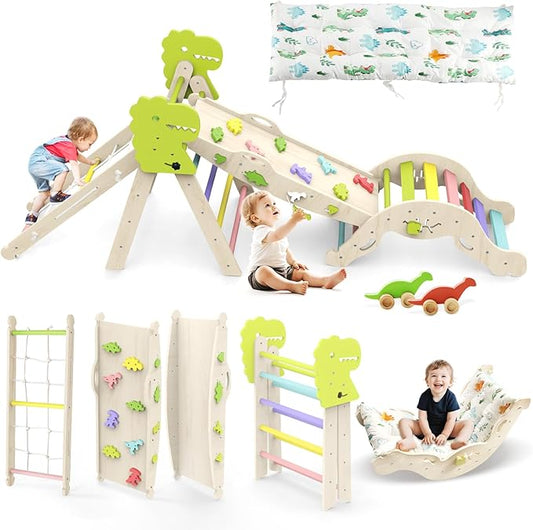 Pikler Triangle Set with Cushion, 12 in 1 Toddler Montessori Toys Indoor Baby Climbing Gym Pikler Triangle Climbing Set Wooden Toy Climbing Rope Ladder, Shape Sorter, Push Car 【Dinosaur Toys】